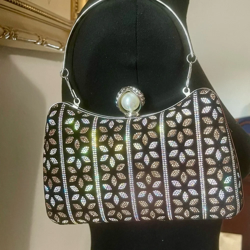 New handmade bedazzled metal clutch bag for women black silver gold rhinestones